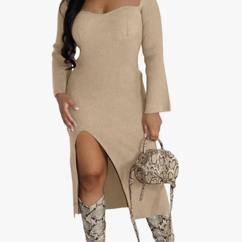 EDITCOZY Sexy Low Cut Knit Long Sleeve Bodycon Slit Midi Dress, Medium Polyester